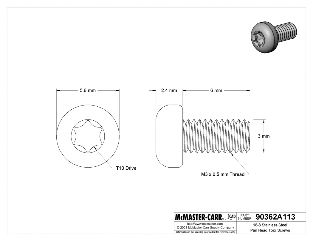 Technical Drawing of 18-8 Stainless Steel Pan Head Torx Screws, M3 x 0.50 mm Thread Size, 6 mm Long.